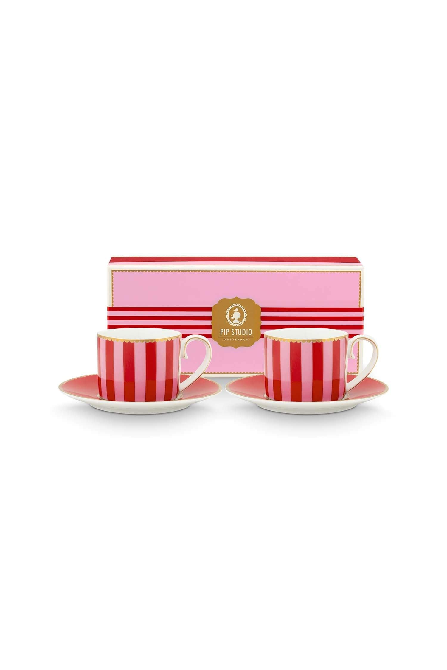 Set/2 Tasses et Soucoupes à Expresso Love Birds Rayures Rouge-Rose