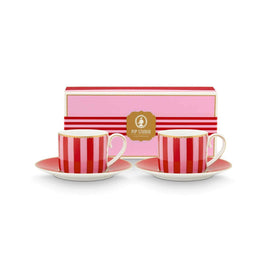Set/2 Tasses et Soucoupes à Expresso Love Birds Rayures Rouge-Rose