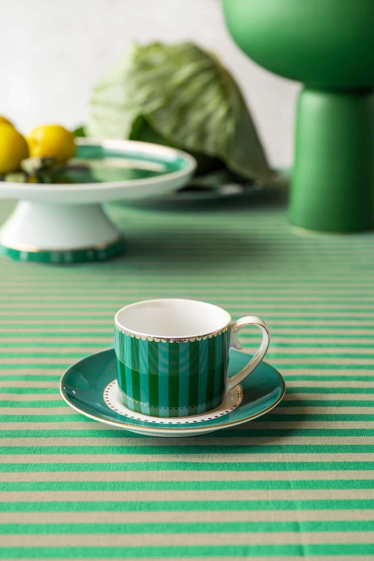 Set/2 Tasses et Soucoupes à Expresso Love Birds Rayures Emerald-Vert