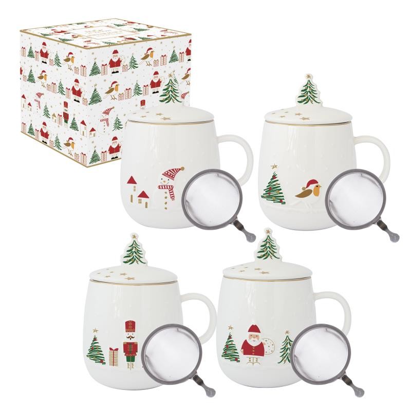 LOT ASSORTI DE 4 COFFRET TISANIERE / 4 DESIGNS EN PORCELAINE EN BOITE LET IT SNOW LET IT SNOW